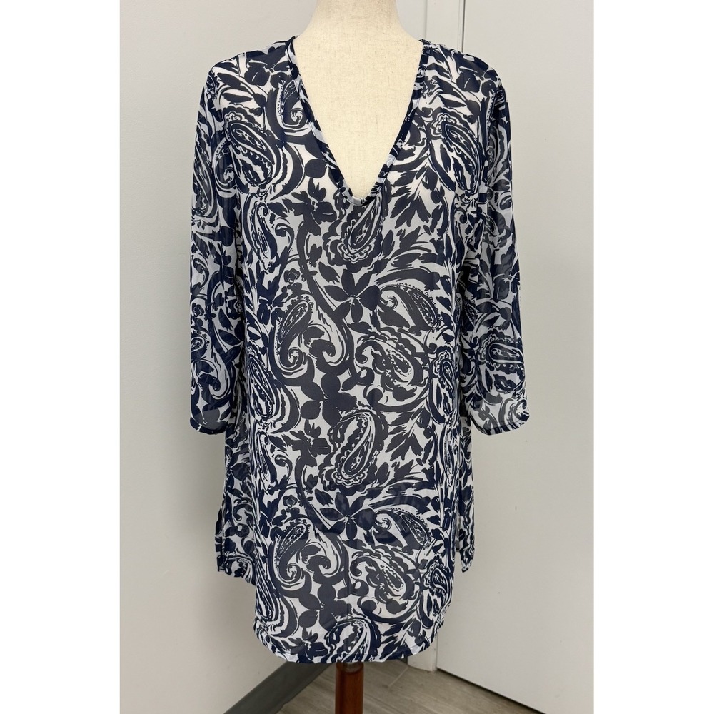 Liz Claiborne Women's Blouse Sheer Tunic Top Sz Medium Blue, White Paisley Print